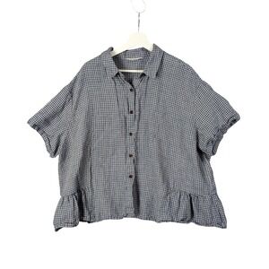 BUYKUD Lagen Linen Gingham Button Top Ruffle Hem Short‎ Sleeve Womens 2XL Resort
